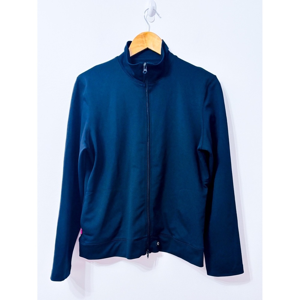 Black Full Zip Stretch Athletic Track Jacket High Collar Pockets Large